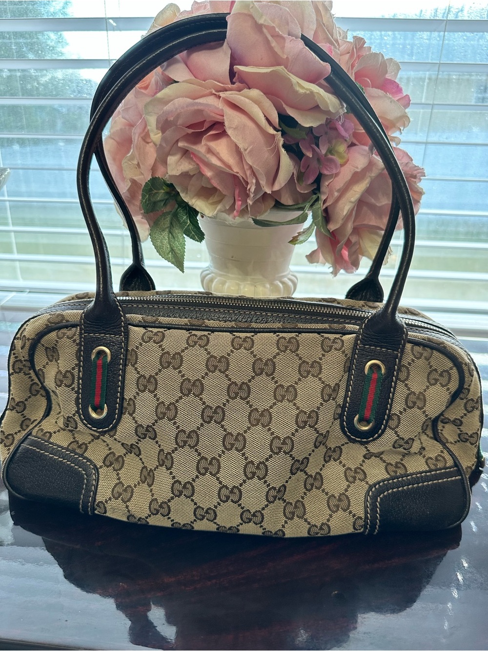 Gucci Princy Beige Monogram Canvas Shoulder Bag with Brown Trim and Web Stripe - Picture 8 of 16